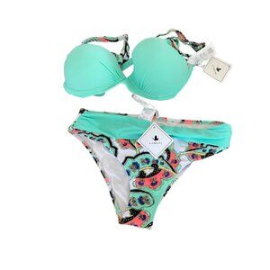 KAMONI Teal Paisley Bikini Bottom – Size M, Low Waist, Ruched Back (SKU KAS00638